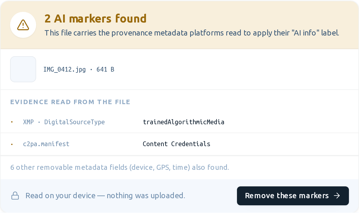 AI Image Checker — 2 AI markers found: DigitalSourceType and C2PA manifest evidence rows, with a "Remove these markers" button