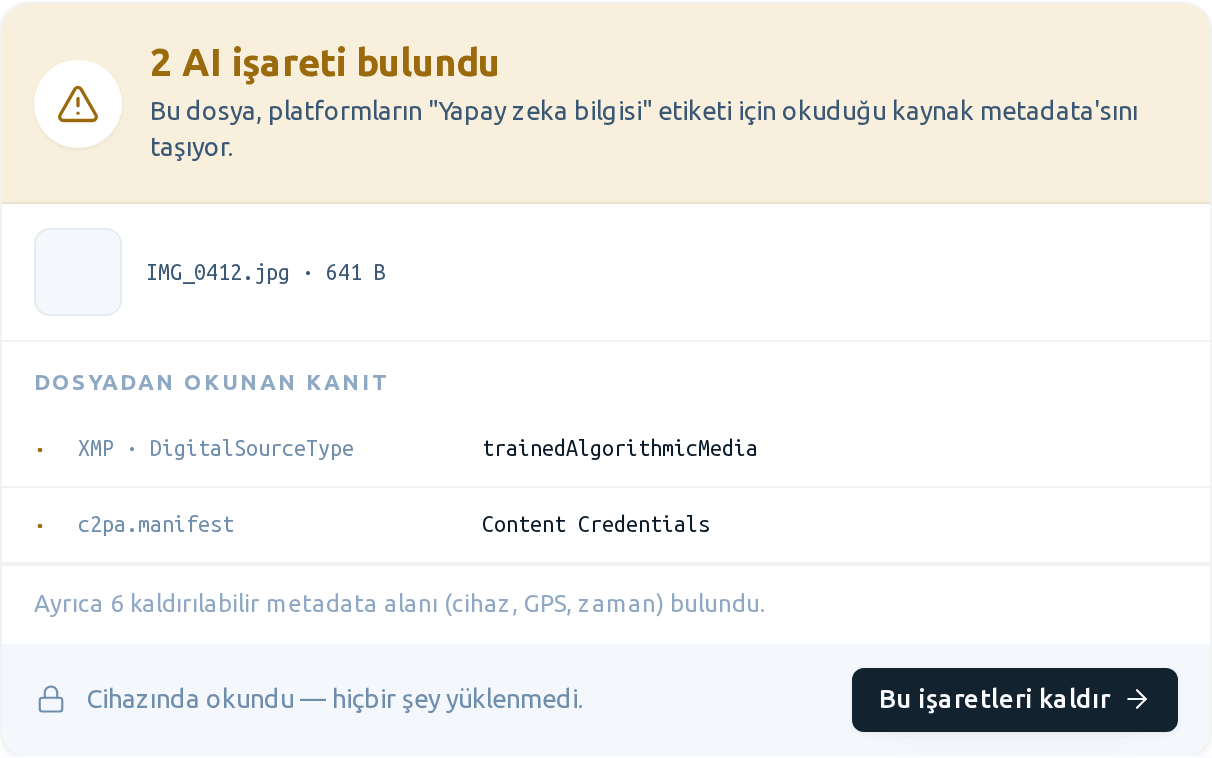 AI Görsel Kontrolü — 2 AI işareti bulundu: DigitalSourceType ve C2PA manifest kanıt satırlarıyla, "Bu işaretleri kaldır" butonu