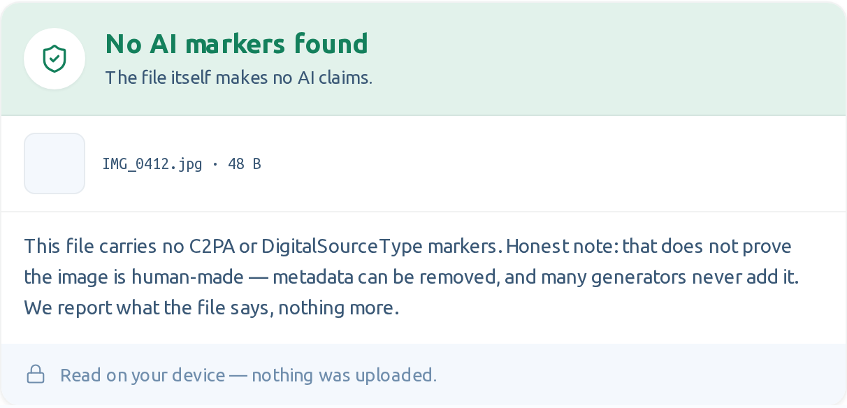 AI Image Checker — green "No AI markers found" result