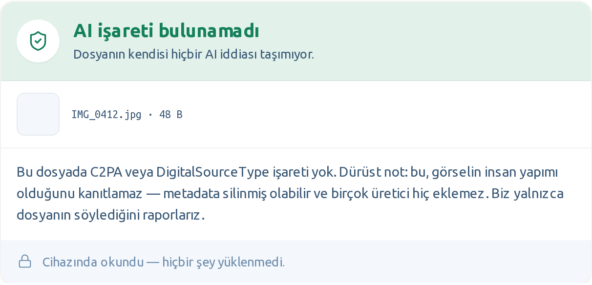 AI Görsel Kontrolü — yeşil "AI işareti bulunamadı" sonucu