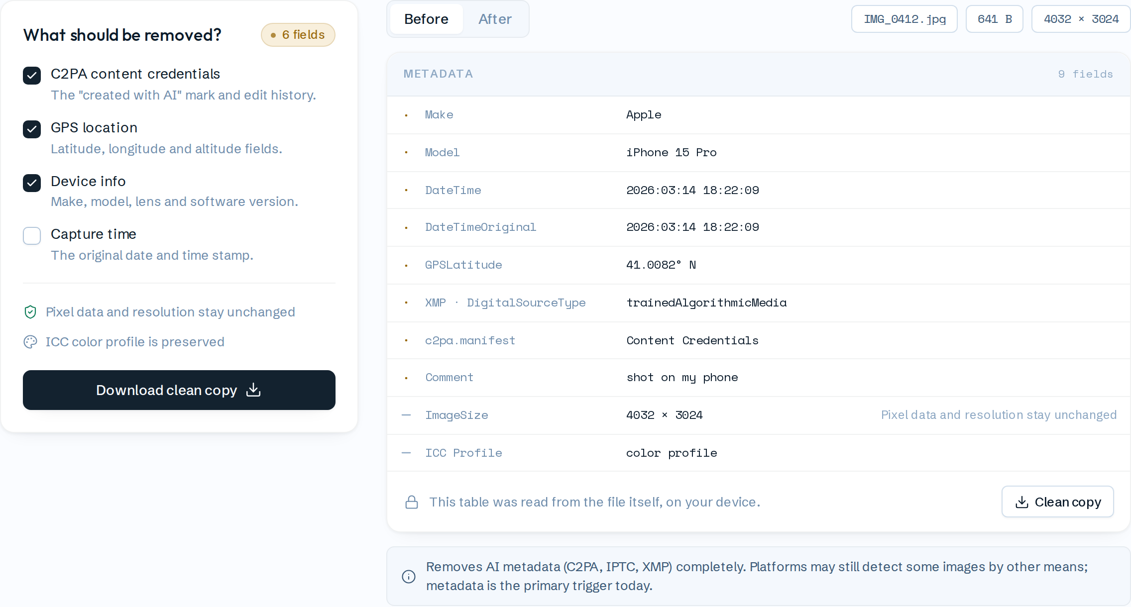 SwapFile's AI label cleaner — removal options on the left, the real before/after metadata table read from the file on the right